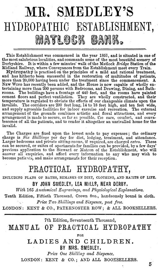 Smedley's Hydropathic Establishment Advertisement (1869) plus his Practical Hydropathy which was then in its seventh edition
            Image scan Ann Andrews