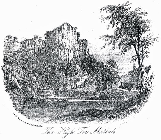 Engraving of The High Tor, Matlock, about 1869. The building on the right is Tor Cottage.
Image scan 2004 Ann Andrews