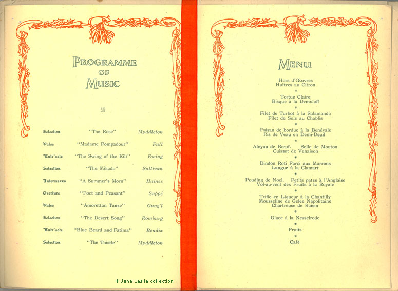 Programme of music and the menu, 1927